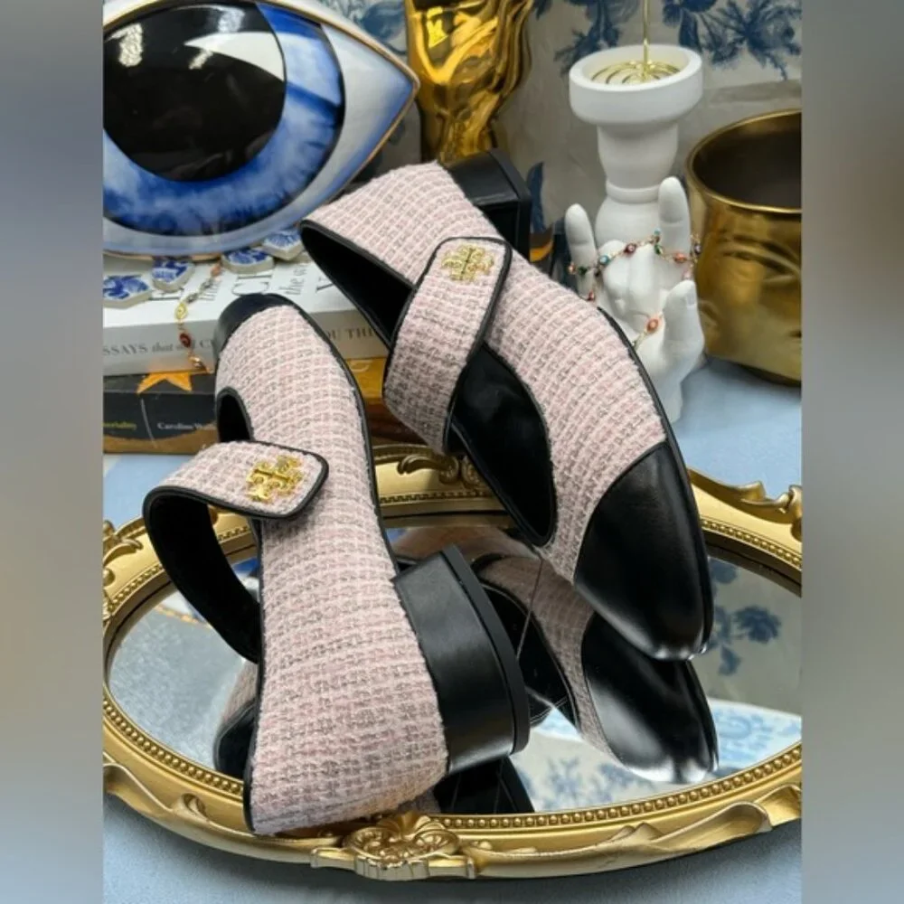 🆕 TORY BURCH 🧿 NWOB Mary Jane Heeled Ballet Flat, Pink Tweed, Sz 7.5 *SAMPLE*